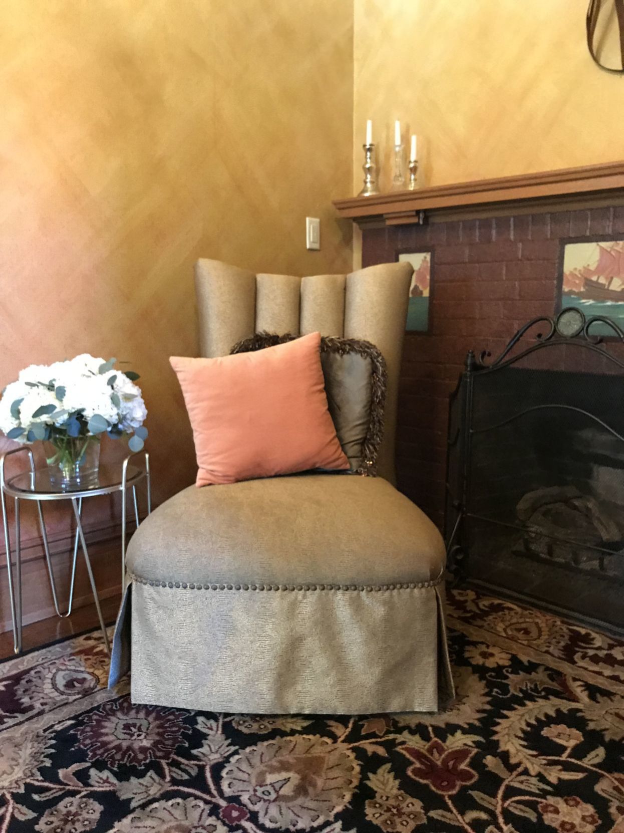 The fireplace in the entryway